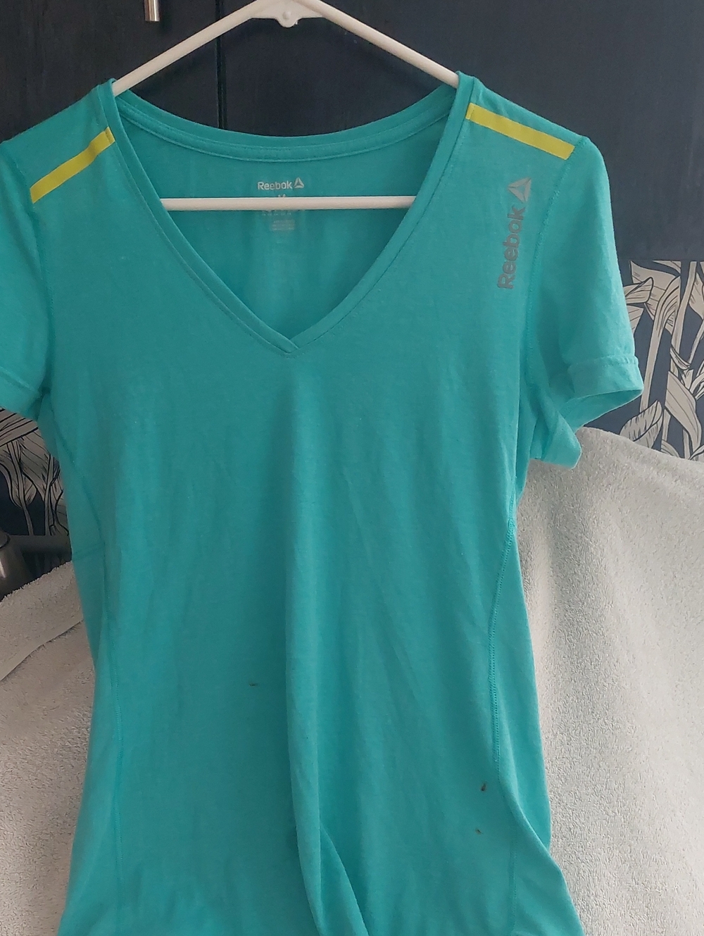 Reebok Teal V-Neck Short Sleeve Tee with Yellow Shoulder Accents